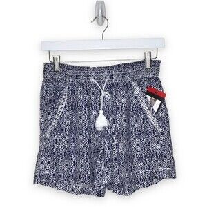 NWT Briggs Blue Print Ikat Boho Shorts Elastic Waist Drawstring Linen Size Small